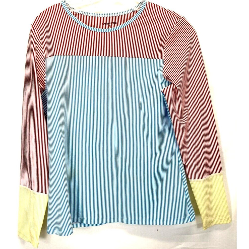 Lands' End Women's Shirt Medium L/S 3 Color Block Pastel Candy Stripe Pull Over